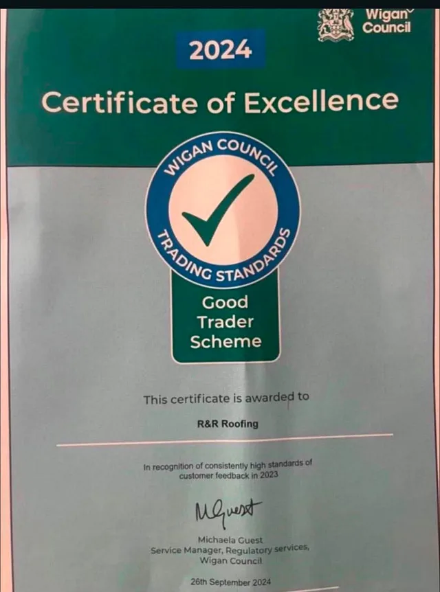 Wigan Council Good Trader Scheme Certificate of Excellence 2024, awarded to R+R Roofing
