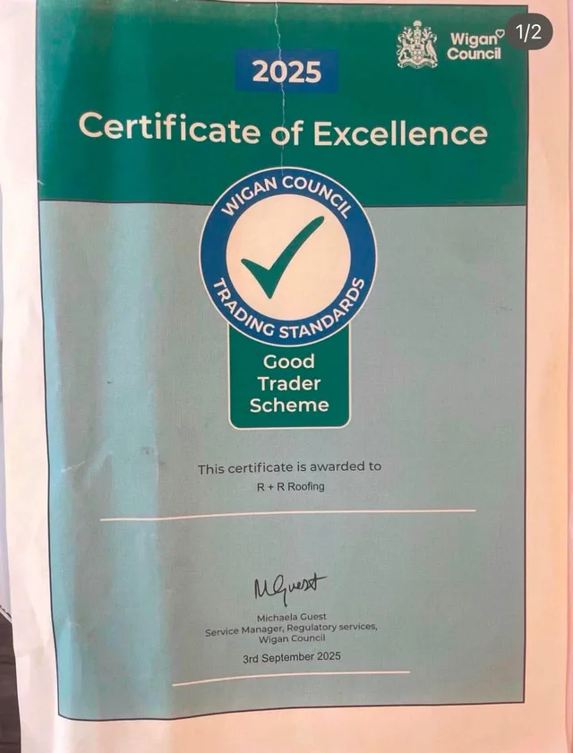 Wigan Council Good Trader Scheme Certificate of Excellence 2025, awarded to R+R Roofing