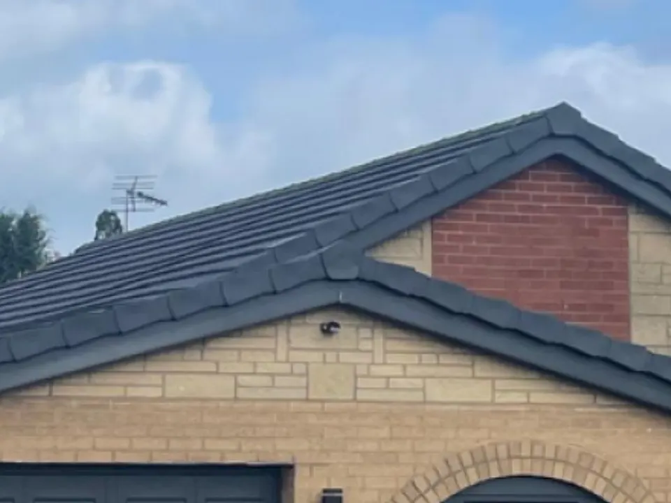 House and garage with a new dark tiled roof